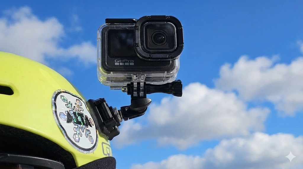 GoPro mounted on a ski helmet Photo