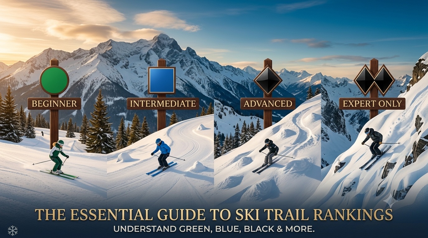 Ski trail difficulty signs explaining green, blue, black, double black and European red piste ratings