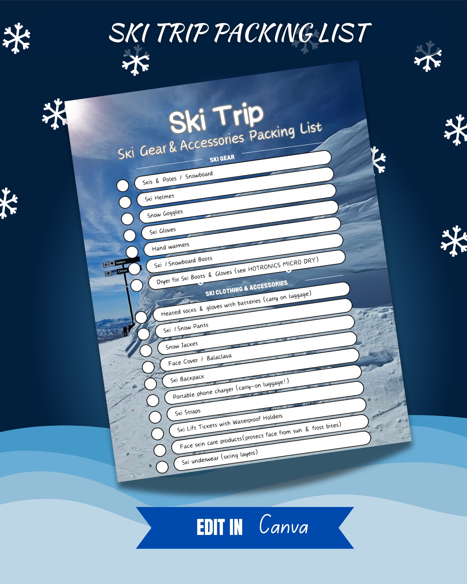 Ski trip packing list template preview